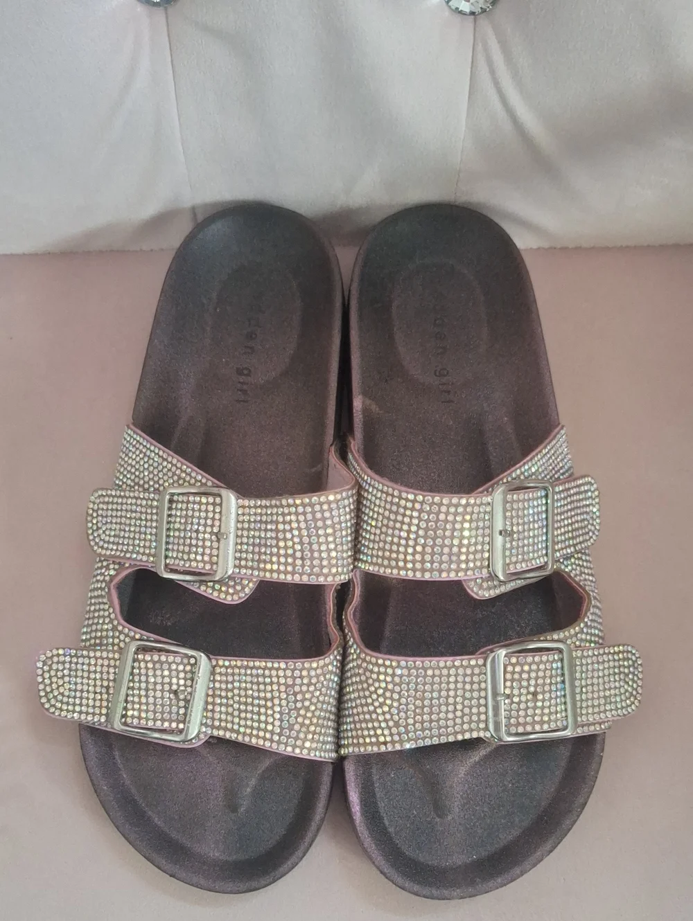 Kids Sparkle Double-Buckle Slide Sandals in Iridescent Pink